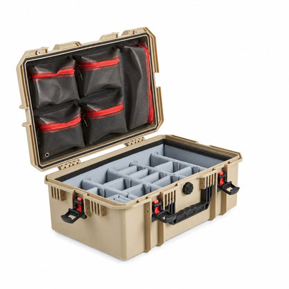 VICKYWOOD Transportbox FORT PLUS in Braun, geöffnet mit Deckel-Organizer und variablem Foto-Inlay, Blick von schräg rechts