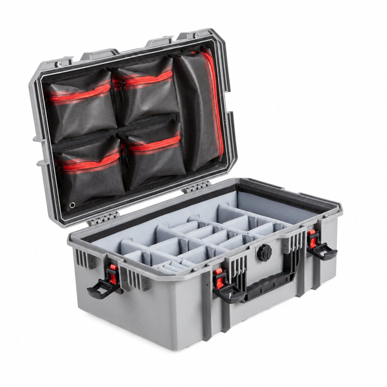 VICKYWOOD Transportbox FORT PLUS in Grau, geöffnet mit Deckel-Organizer und variablem Foto-Inlay, Blick von schräg rechts