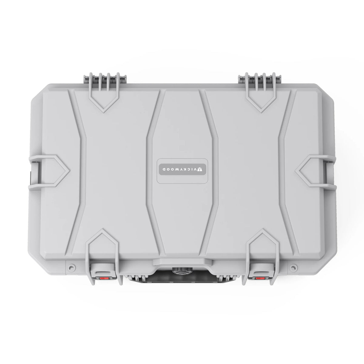 VICKYWOOD Transportbox FORT PLUS in Grau, Draufsicht auf den Deckel mit VICKYWOOD Logoplakette und Scharnieren