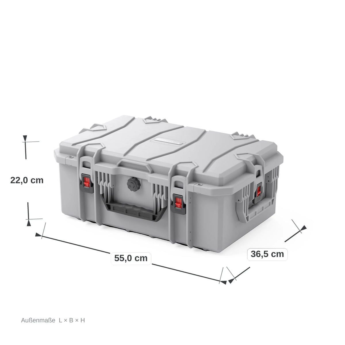 VICKYWOOD Transportbox FORT PLUS in Grau, Außenmaße 55 x 36,5 x 22 cm, bemaßte Darstellung der geschlossenen Box