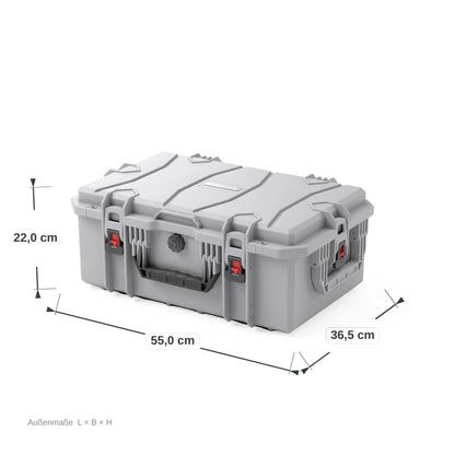 VICKYWOOD Transportbox FORT PLUS in Grau, Außenmaße 55 x 36,5 x 22 cm, bemaßte Darstellung der geschlossenen Box