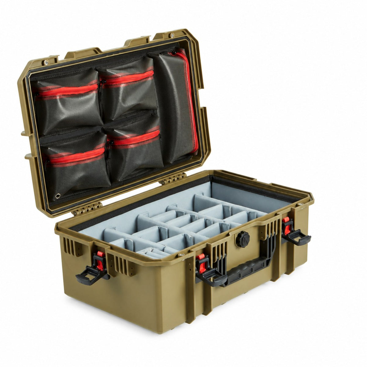 VICKYWOOD Transportbox FORT PLUS in Olivgrün, geöffnet mit Deckel-Organizer und variablem Foto-Inlay, Blick von schräg rechts
