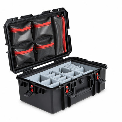 VICKYWOOD Transportbox FORT PLUS in Schwarz, geöffnet mit Deckel-Organizer und Foto-Inlay, Blick von schräg links