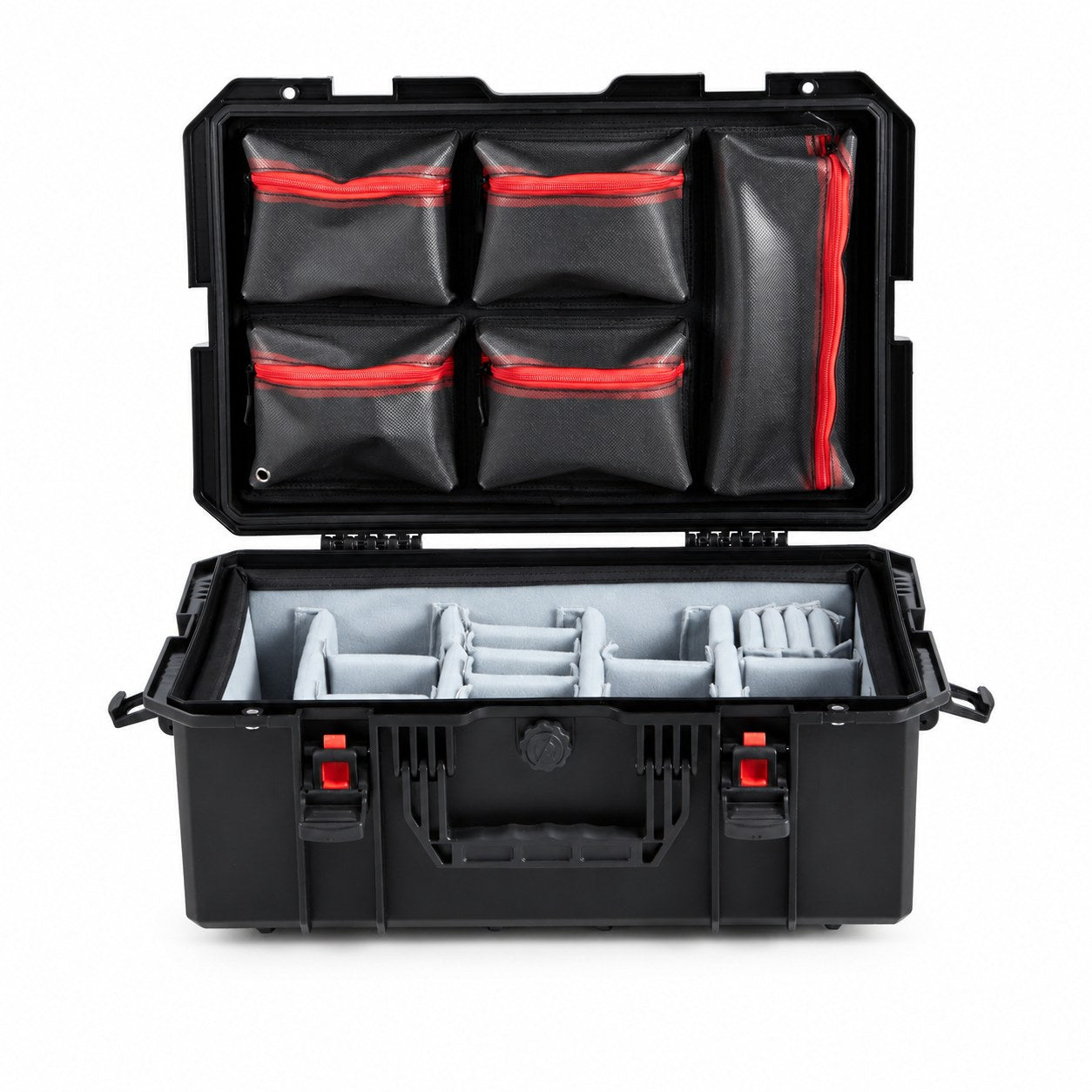 VICKYWOOD Transportbox FORT PLUS in Schwarz, geöffnet, Deckel-Organizer mit Reißverschlusstaschen und Foto-Inlay mit Trennstegen