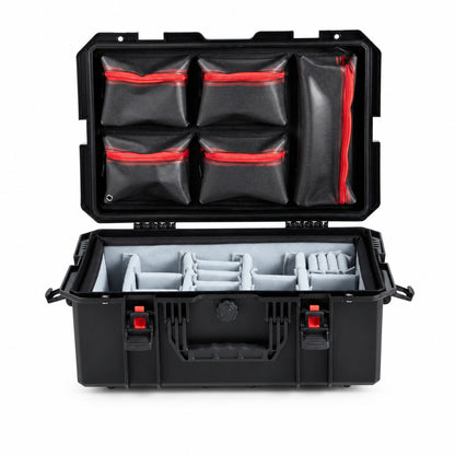 VICKYWOOD Transportbox FORT PLUS in Schwarz, geöffnet, Deckel-Organizer mit Reißverschlusstaschen und Foto-Inlay mit Trennstegen