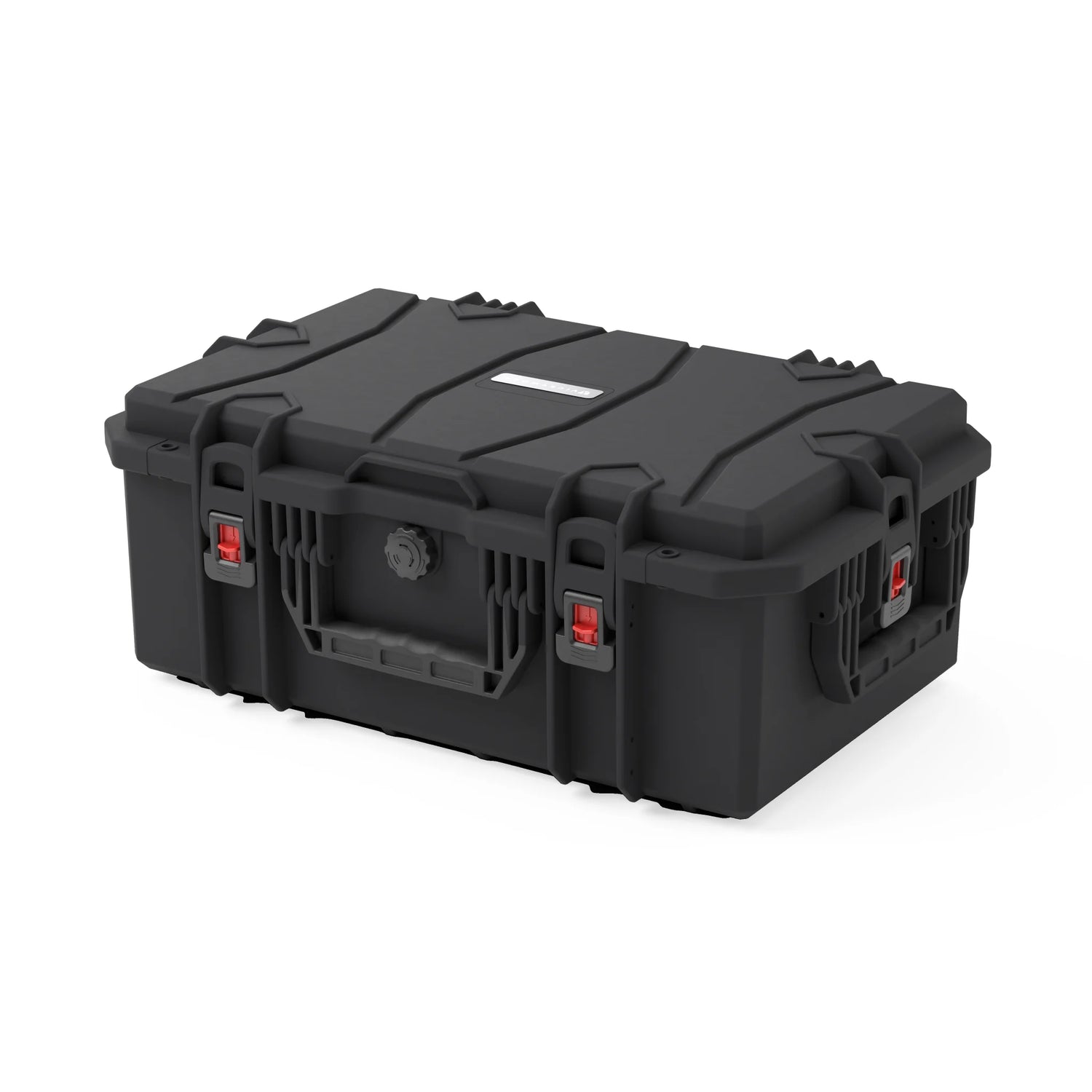 VICKYWOOD Transportbox FORT PLUS in Schwarz, geschlossen von schräg vorn mit Tragegriff, Druckausgleichsventil und roten Verschlüssen