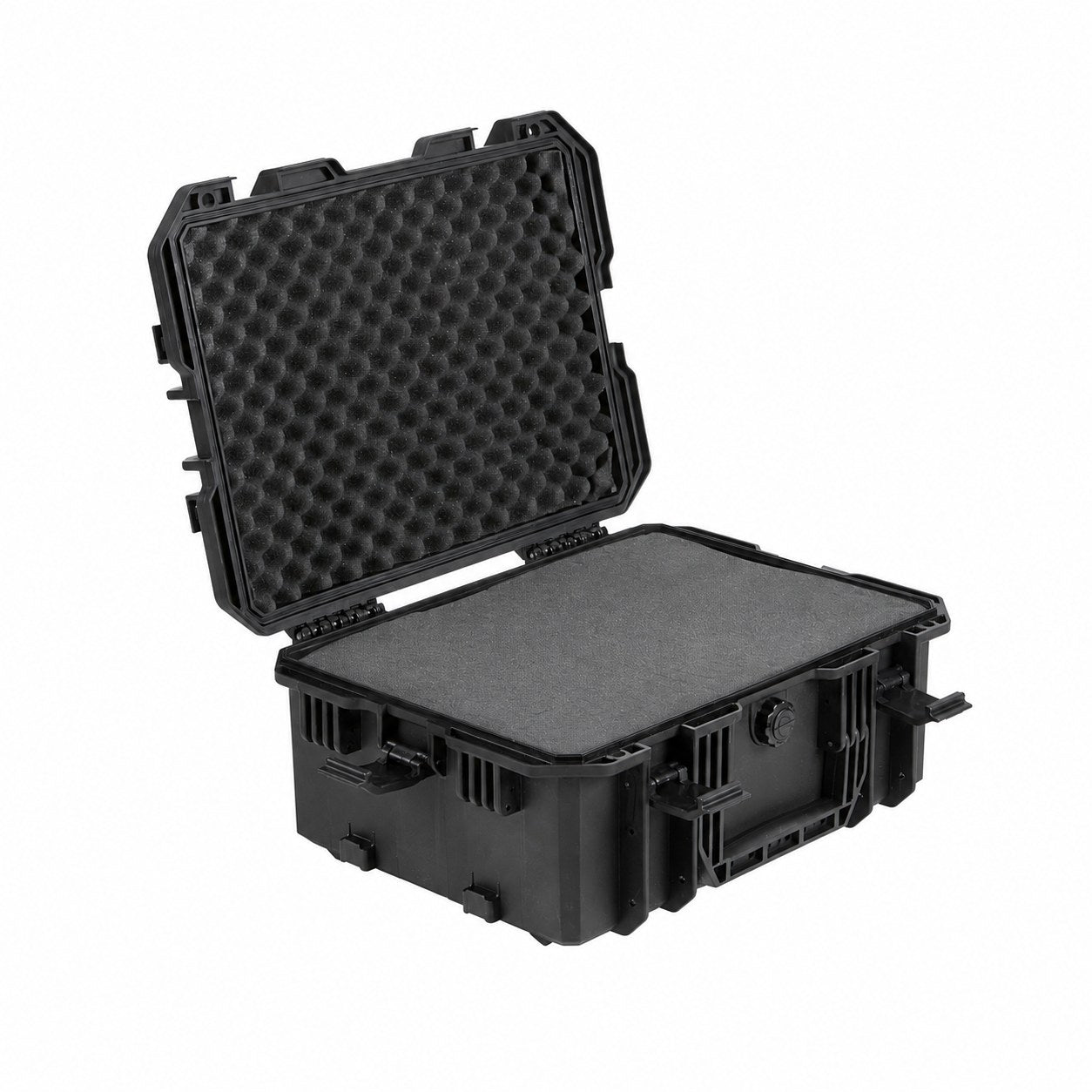 VICKYWOOD Transportbox FORT in Schwarz, geöffnet mit aufgestelltem Deckel und Wave-Schaumstoff