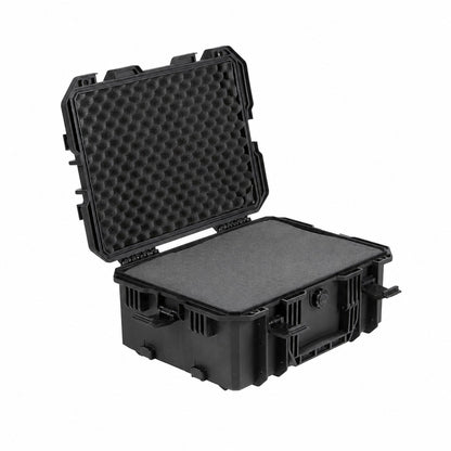 VICKYWOOD Transportbox FORT in Schwarz, geöffnet mit aufgestelltem Deckel und Wave-Schaumstoff