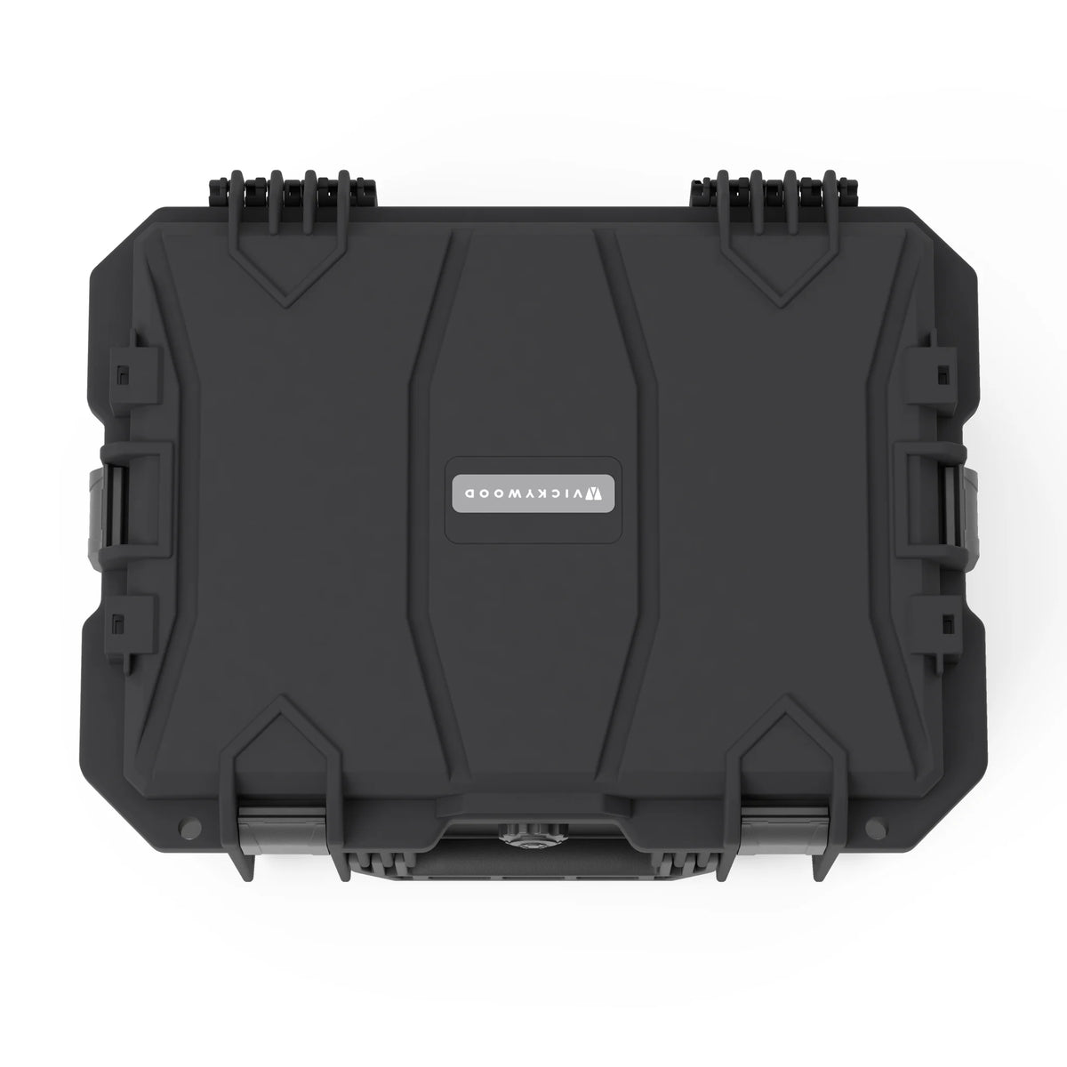 VICKYWOOD Transportbox FORT in Schwarz, Draufsicht auf den Deckel mit VICKYWOOD Logoplakette und Scharnieren