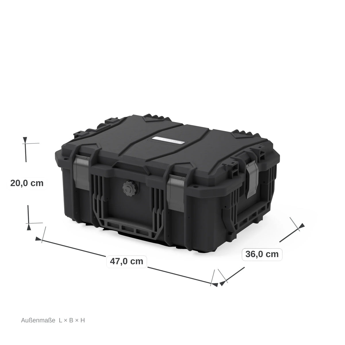 VICKYWOOD Transportbox FORT in Schwarz, Außenmaße 47 x 36 x 20 cm, bemaßte Darstellung der geschlossenen Box