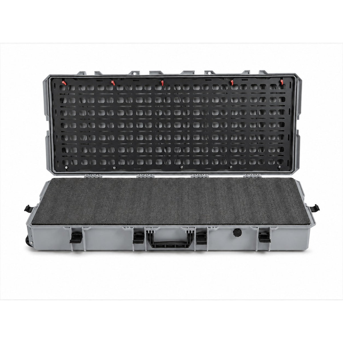 VICKYWOOD Transportbox PROTECT lang in Grau, geöffnet und flach abgelegt, MOLLE-Board im Deckel und EPE-Schaumstoff im Boden