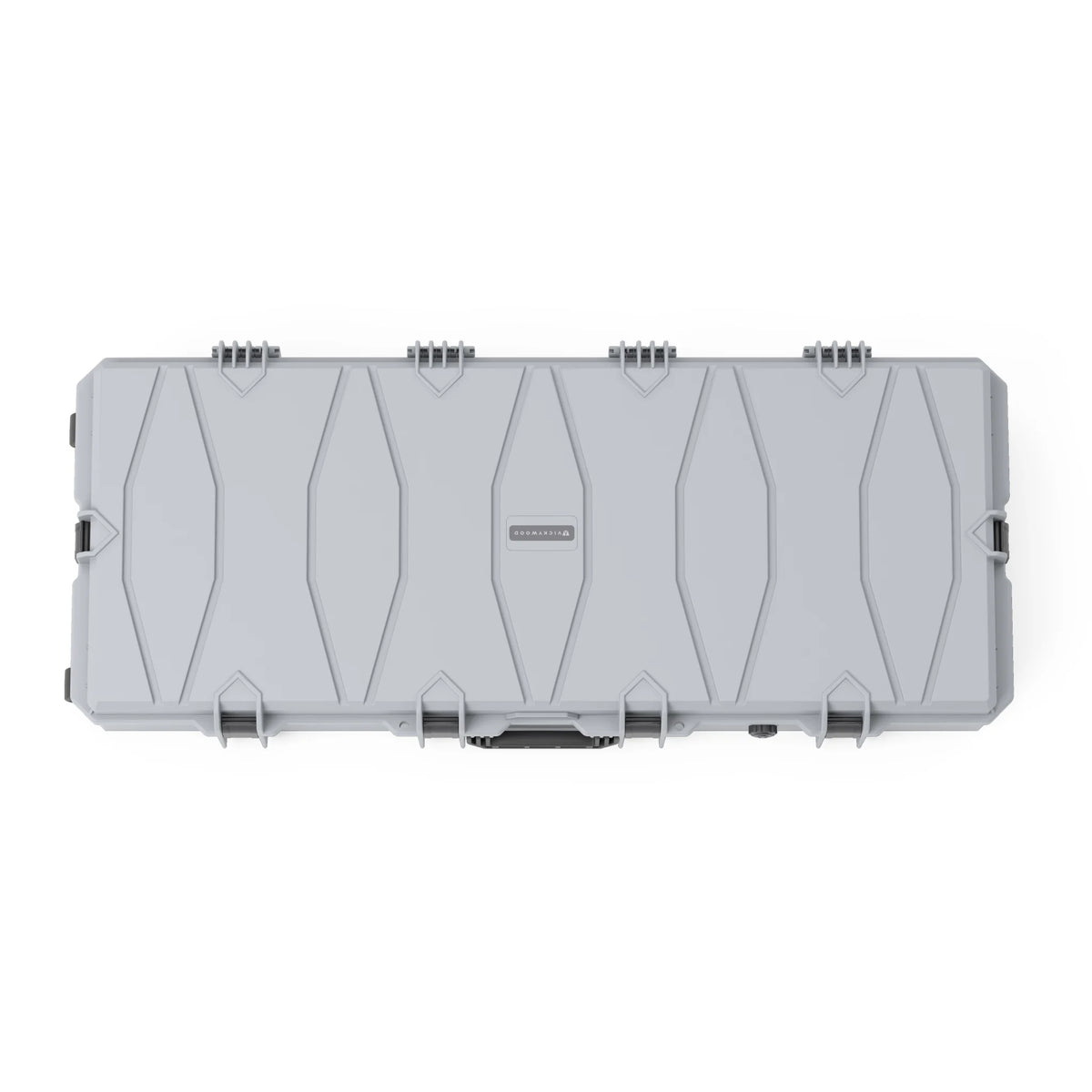 VICKYWOOD Transportbox PROTECT lang in Grau, Draufsicht auf den Deckel mit VICKYWOOD Logo und Strukturprofil