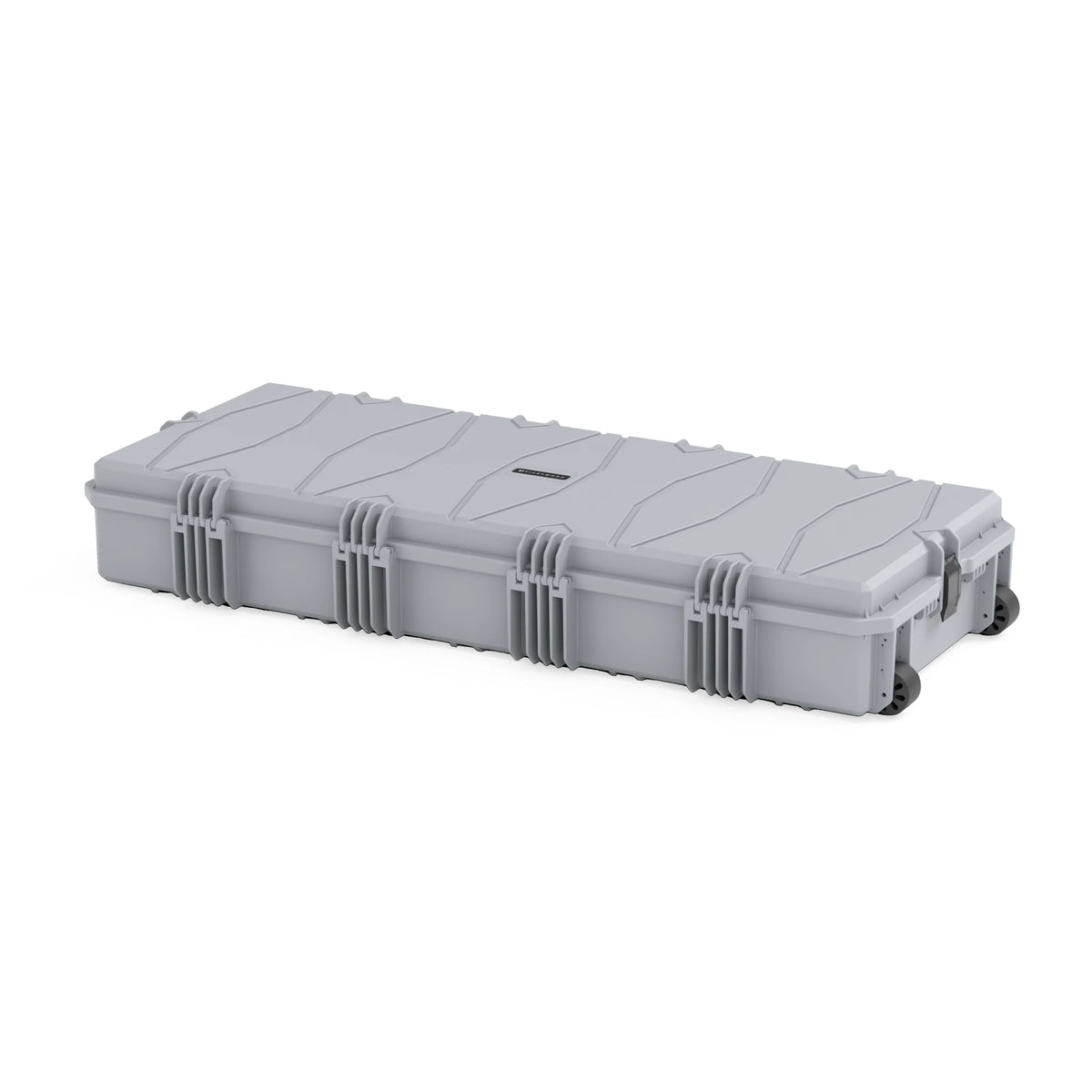 VICKYWOOD Transportbox PROTECT lang in Grau, Ansicht von schräg hinten mit Scharnierleiste und Transportrollen