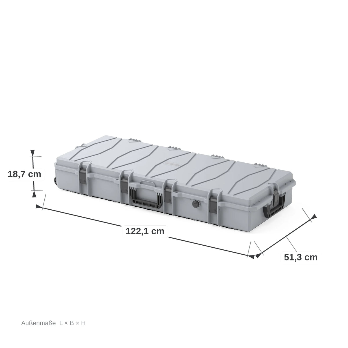 VICKYWOOD Transportbox PROTECT lang in Grau, Außenmaße 122 x 51 x 18,7 cm, bemaßte Darstellung der geschlossenen Box
