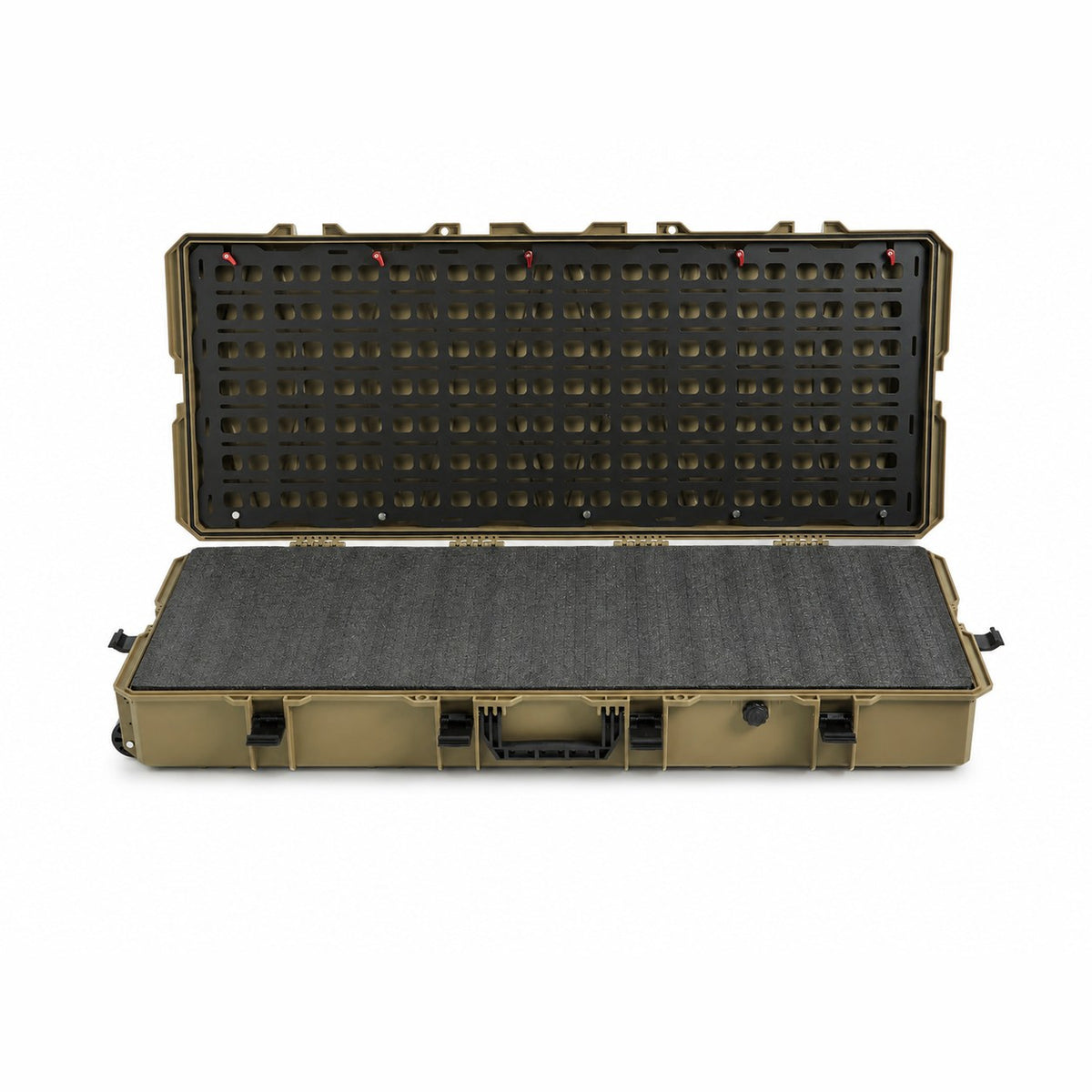 VICKYWOOD Transportbox PROTECT lang in Olivgrün, geöffnet und flach abgelegt, MOLLE-Board im Deckel und EPE-Schaumstoff im Boden