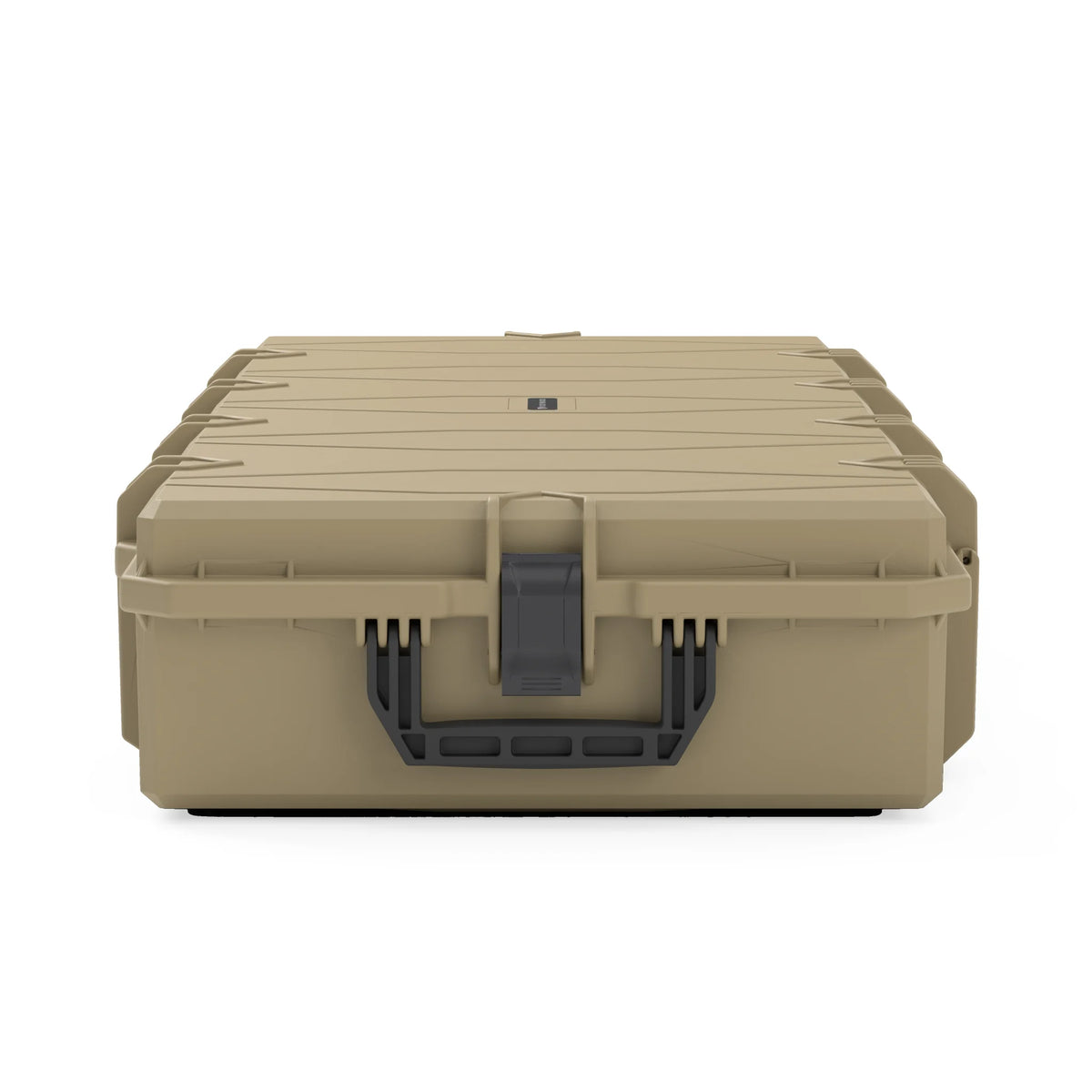 VICKYWOOD Transportbox PROTECT lang in Olivgrün, Stirnseite der geschlossenen Box mit Tragegriff und flacher Bauhöhe von 18,7 cm