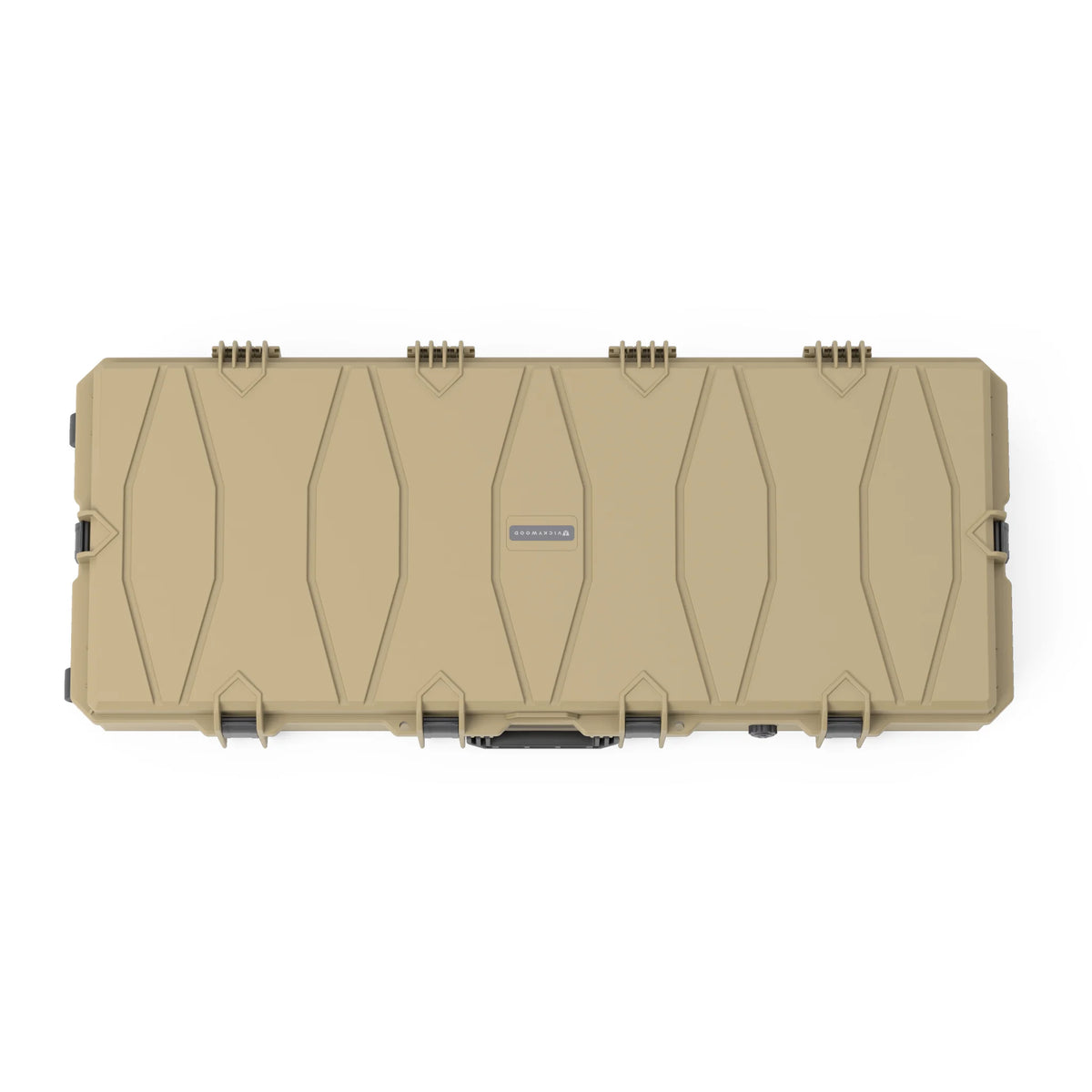 VICKYWOOD Transportbox PROTECT lang in Olivgrün, Draufsicht auf den Deckel mit VICKYWOOD Logo und Strukturprofil