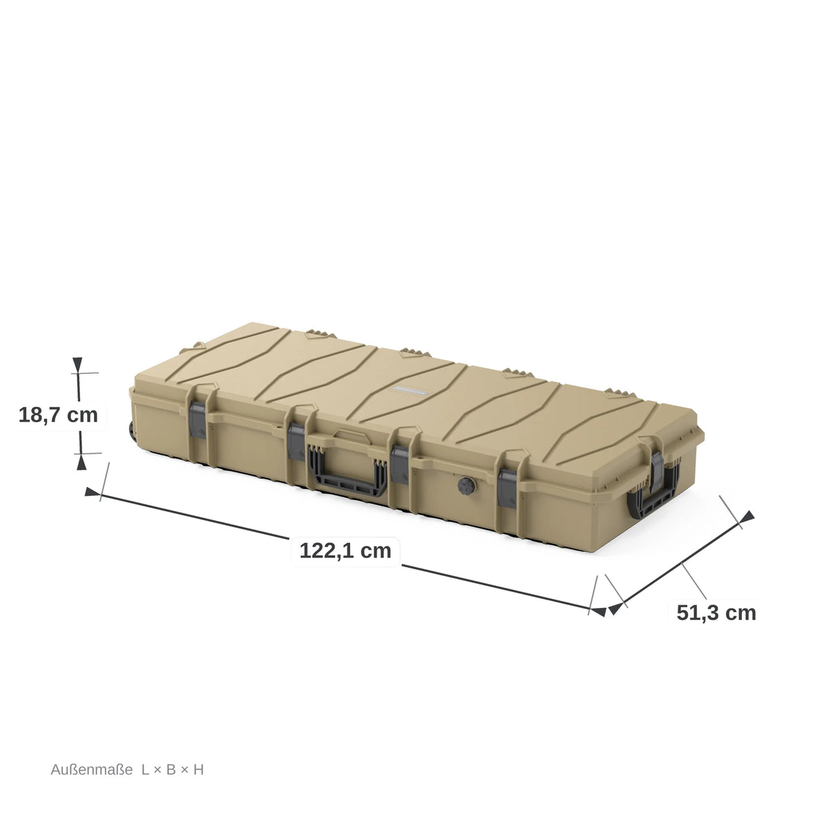 VICKYWOOD Transportbox PROTECT lang in Olivgrün, Außenmaße 122 x 51 x 18,7 cm, bemaßte Darstellung der geschlossenen Box