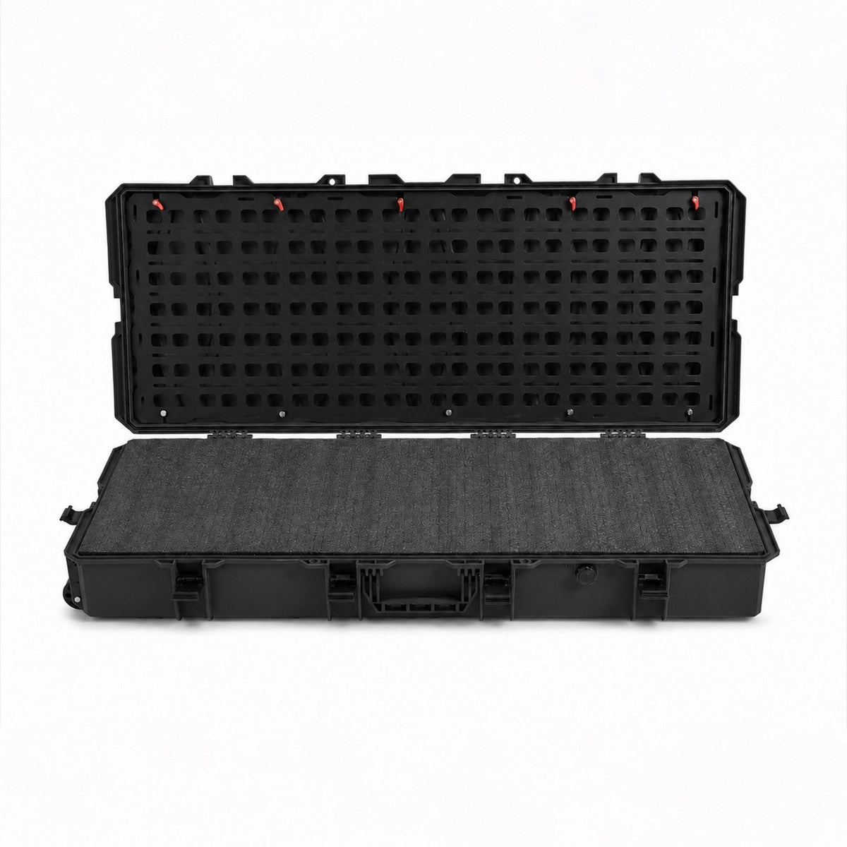 VICKYWOOD Transportbox PROTECT lang in Schwarz, geöffnet und flach abgelegt, MOLLE-Board im Deckel und EPE-Schaumstoff im Boden