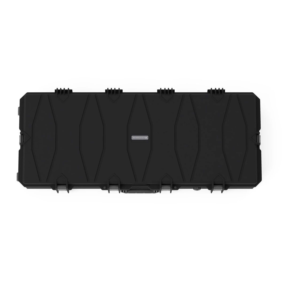 VICKYWOOD Transportbox PROTECT lang in Schwarz, Draufsicht auf den Deckel mit VICKYWOOD Logo und Strukturprofil