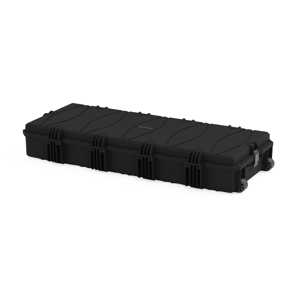 VICKYWOOD Transportbox PROTECT lang in Schwarz, Ansicht von schräg hinten mit Scharnierleiste und Transportrollen