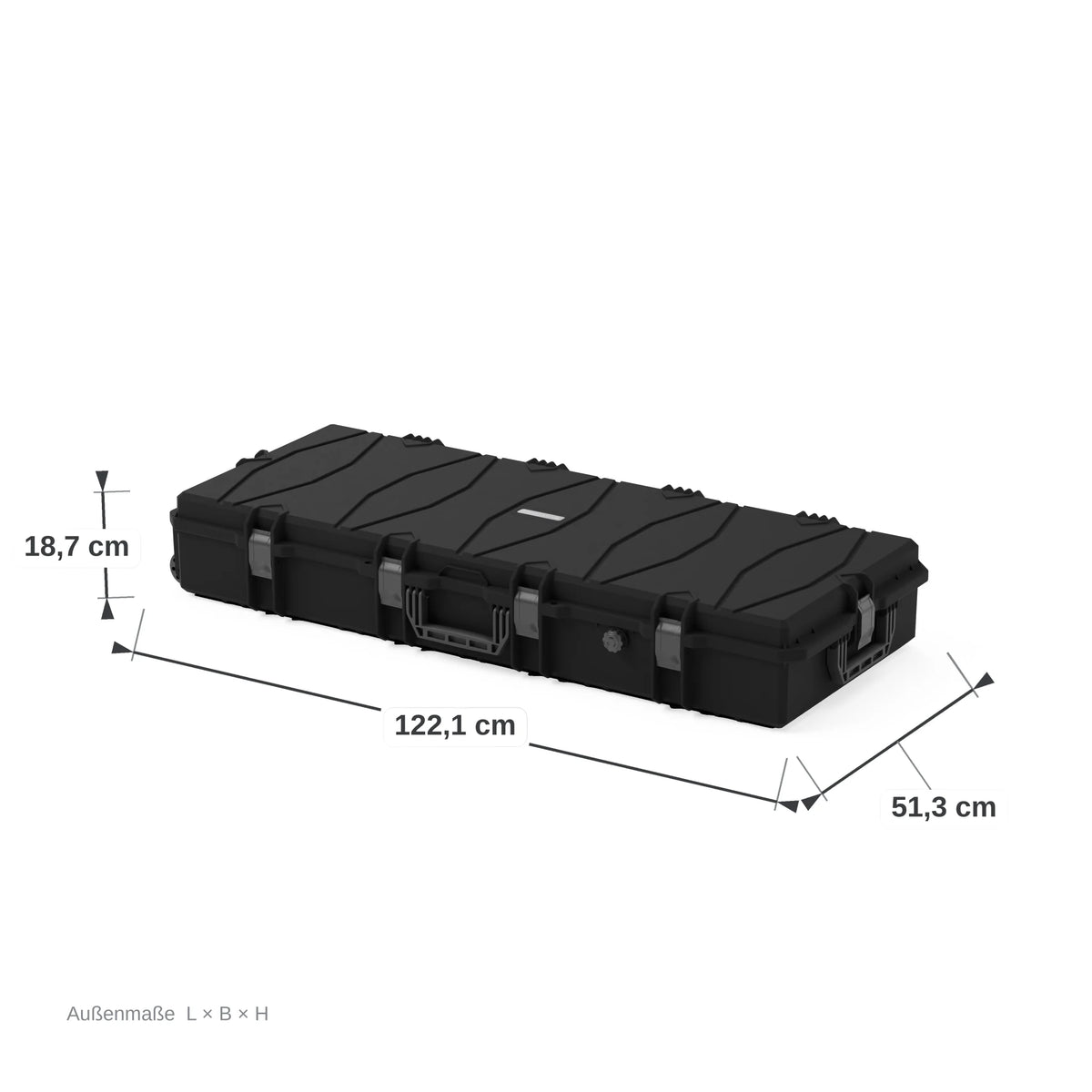 VICKYWOOD Transportbox PROTECT lang in Schwarz, Außenmaße 122 x 51 x 18,7 cm, bemaßte Darstellung der geschlossenen Box