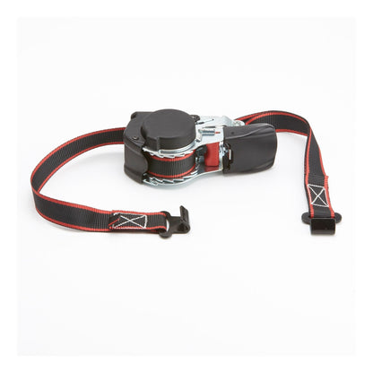 Ratsche des VICKYWOOD Strap Belt PROTECT in Nahaufnahme mit aufgerolltem Gurtband im Gehäuse und zwei flachen Endhaken