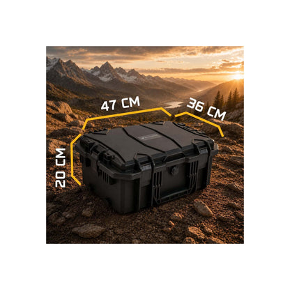VICKYWOOD Transportbox FORT im Gelände mit eingezeichneten Außenmaßen 47 x 36 x 20 cm